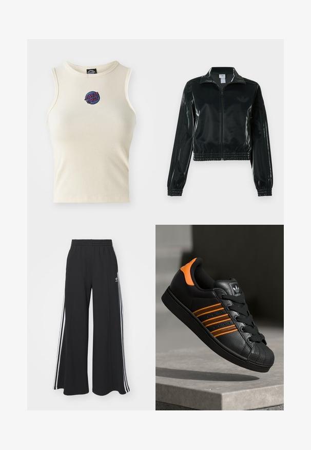 Casaco curto preto brilhante com fecho de correr frontal, gola alta e bainha elástica. Apresenta três riscas nas mangas e um pequeno logotipo no peito.; Top de malha canelada creme com decote redondo e sem mangas, apresentando um logótipo bordado "Santa Cruz" em rosa e azul na frente.; Calças de suor largas e pretas com uma cintura elástica, apresentando riscas brancas nas laterais e um logótipo bordado na coxa esquerda.; Sapatilha preta com detalhes laranja, três riscas horizontais, parte superior em couro texturizado, bico de borracha e atacadores pretos.