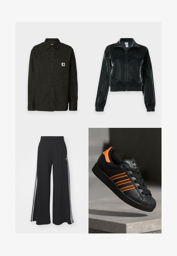 Zwarte glanzende cropped jas met een ritssluiting aan de voorkant, hoge kraag en elastische zoom. Voorzien van drie strepen op de mouwen en een klein logo op de borst.; Carhartt WIP LEO SHIRT - Overhemdblouse - brown; Zwarte wijde sweatpants met een elastische tailleband, met witte zijstrepen en een geborduurd logo op de linker dij.; Zwarte sneaker met oranje accenten, drie horizontale strepen, bovenwerk van textuurlak, rubberen neuzen en zwarte veters.