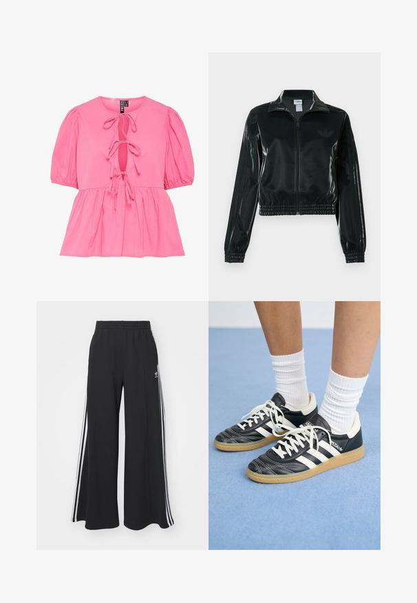 Juoda blizgi trumpa striukė su užtrauktuku priekyje, aukštu apykakliu ir elastine apačia. Rankovėse trys dryžiai ir mažas logotipas ant krūtinės.; Rožinė medvilninė palaidinė su pūkuotomis rankovėmis, rakto skylutės išpjova su raiščiais ir raukinėta peplumo apdaila. Lygus paviršius ir kasdienis dizainas.; Juodos plačios kojų džinsinės kelnės su elastingu juosmeniu, turinčios baltas šonines juosteles ir išsiuvinėtą logotipą kairiajame šlaunyje.; Juodos odinės sportbačiai su baltais dryžiais, apvalia nosimi, baltais raišteliais ir guminiu padu. Pabrėžti paminkštinta apykakle ir prekių ženklų detalėmis.