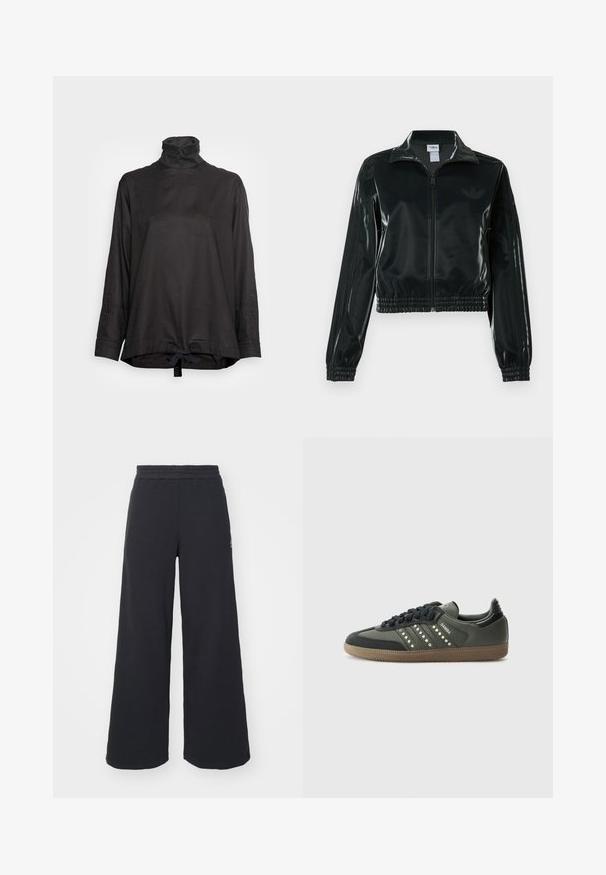 Casaco curto preto brilhante com fecho de correr frontal, gola alta e bainha elástica. Apresenta três riscas nas mangas e um pequeno logotipo no peito.; G-STAR HOLIDAY BACK CLOSURE L\S - Blusa - cloack; Calças de fato largas, pretas, feitas de tecido macio, com uma cintura elástica e um pequeno logótipo do lado esquerdo.; adidas Originals SAMBA OG - Sapatilhas - core black/legend earth/gum