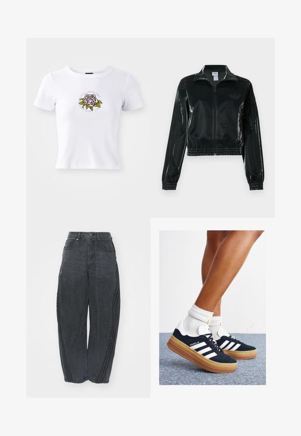 Must läikiv lühike jakk lukuga esiküljel, kõrge krae ja elastse äärega. Varrukatel on kolm triipu ja rinnal väike logo.; Valge lühikeste varrukatega T-särk, millel on keha järgi istuv disain, keskosas tikitud roosi graafika ja lille ümber ringikujuline tekst.; Kottide mustad teksad, millel on kulutatud viimistlus, viis taskut, vöökoht nööbiga kinnitamine ja õmmeldud detailid ees ja külgedel.; Mustad seemisnahast tossud valgete triipude ja detailidega, ümarate varbassosadega, kummist välistallaga, paaritatud valgete soonikuliste meessokkidega.