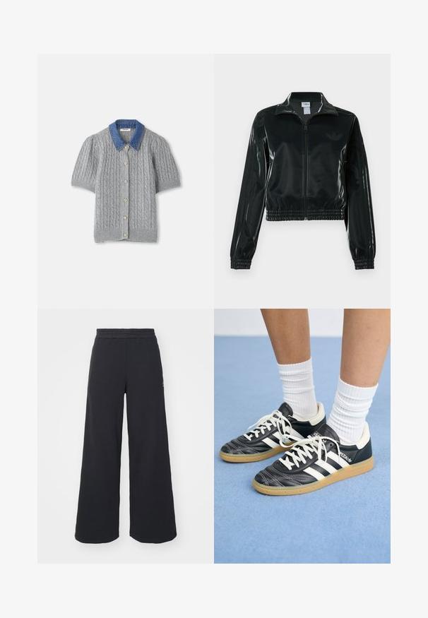 Černá lesklá zkrácená bunda se zipem vpředu, vysokým límcem a elastickým lemem. Má tři pruhy na rukávech a malé logo na hrudi.; Šedý pletený cardigan s krátkým rukávem a vzorem kabel, s denimovým límcem a pěti zlatými knoflíky v přední části.; Černé široké tepláky vyrobené z měkké tkaniny, s elastickým pasem a malým logem na levé straně.; Černé kožené tenisky s bílými pruhy, kulatou špičkou, bílými tkaničkami a gumovou podrážkou. Zvýrazněno polstrovaným límcem a detaily s logem.