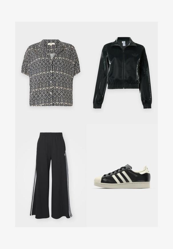 Musta kiiltävä lyhyt takki vetoketjulla, korkealla kauluksella ja joustavalla helmalla. Hihoissa on kolme raitaa ja rinnassa pieni logo.; Lyhythihainen napitettava paita tummansinisessä värissä, jossa on geometrinen vaaleankermanvärinen kuvio. Kevyt kangas, rento malli ja kaulus.; Mustat löysät verkkarit, joissa on joustava vyötärö, valkoiset sivuraidat ja brodeerattu logo vasemmassa reidessä.; Musta nahkasneakeri, jossa on valkoiset raidat, kuminen varvassuoja, mustat nauhat ja kermaisa ulkopohja. Suora pinta ja kiiltävä viimeistely.