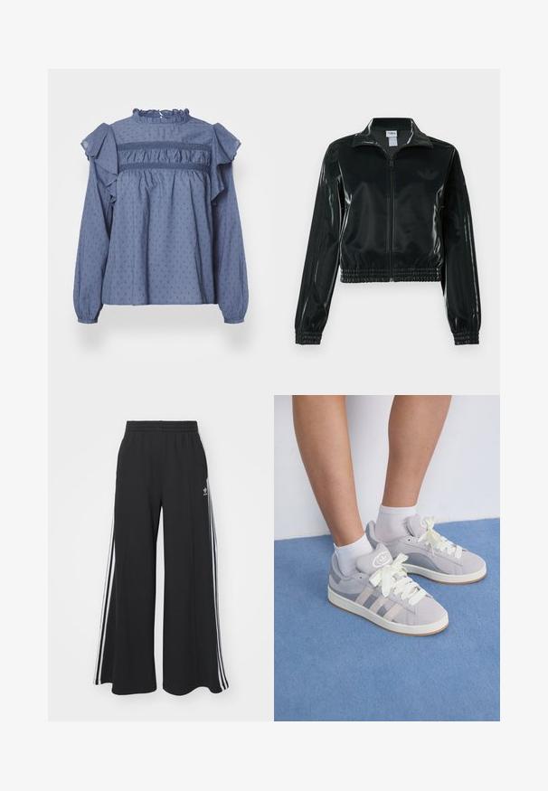 Black glossy cropped jacket with a zip front, high collar, and elasticized hem. Features three stripes on sleeves and a small logo on the chest.; Blue cotton blouse with a ruffled neckline and shoulders, featuring a textured dot pattern and gathered detailing along the yoke and sleeves.; Black wide-leg sweatpants with an elastic waistband, featuring white side stripes and an embroidered logo on the left thigh.; Gray suede sneakers with white laces and rubber sole, featuring three diagonal stripes on the side and a logo patch on the tongue.