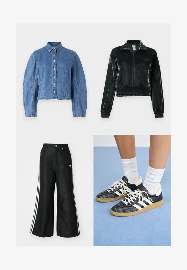 Černá lesklá zkrácená bunda se zipem vpředu, vysokým límcem a elastickým lemem. Má tři pruhy na rukávech a malé logo na hrudi.; Zkrácená džínová bunda v světle modré barvě, se zapínáním na knoflíky, špičatým límcem a nafouknutými rukávy se bočními švy.; Černé široké džíny s třemi bílými pruhy po stranách a malým bílým logem. Obsahují přední kapsy a zapínání na knoflík.; Černé kožené tenisky s bílými pruhy, kulatou špičkou, bílými tkaničkami a gumovou podrážkou. Zvýrazněno polstrovaným límcem a detaily s logem.