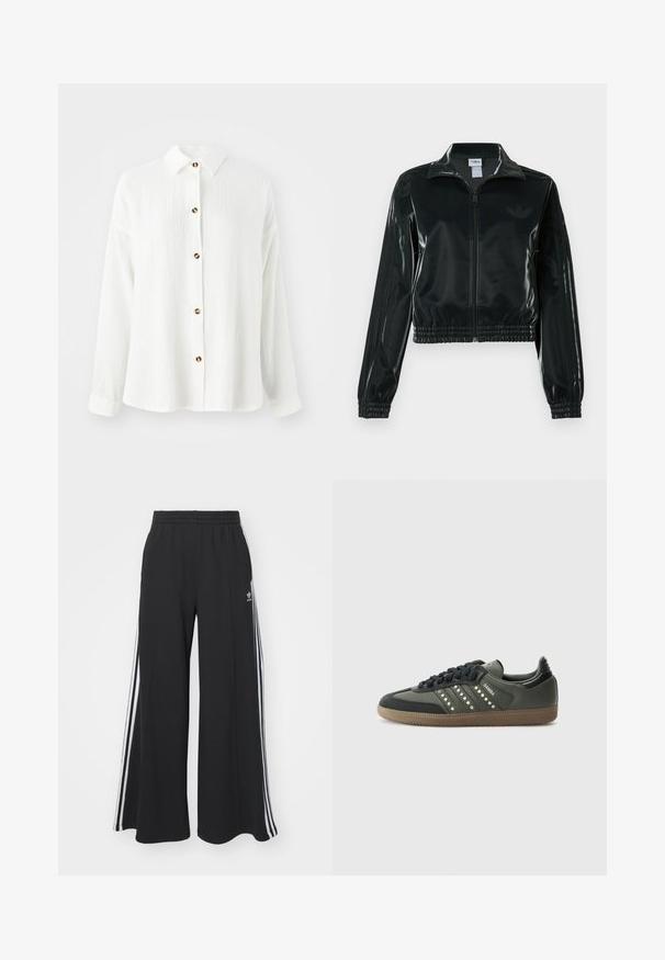 Črno, sijočo kratko jakno z zadrgo spredaj, visokim ovratnikom in elastičnim spodnjim robom. Na rokavih so tri črte, na prsih pa majhen logotip.; Bela srajca z dolgimi rokavi iz teksturiranega materiala, spredaj z gumbi, ovratnikom in rjavimi gumbi kot detajli. Mehka, sproščena oblika.; Črne široke trenirke z elastičnim pasom, ki imajo bele stranske proge in vezeno logo na levi stegna.; adidas Originals SAMBA OG - Športni copati - core black/legend earth/gum