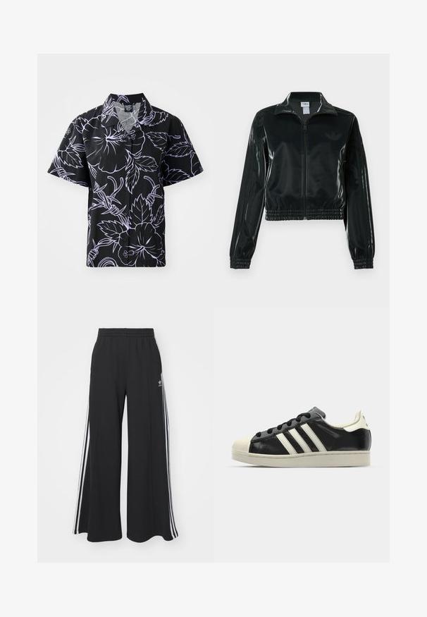 Fekete, fényes rövidített dzseki cipzárral az elején, magas gallérral és elasztikus szegéllyel. Három csík díszíti az ujjakat, és kis logó található a mellrészen.; Rövid ujjú fekete ing fehér virág- és levélmintákkal, gombos kialakítással és hegyes gallérral. Könnyű, sima tapintású anyag.; Fekete, bő szárú melegítőnadrág, rugalmas derékkal, fehér oldalsávokkal és hímzett logóval a bal combon.; Fekete bőrsneaker fehér csíkokkal, gumírozott orral, fekete fűzővel és krém színű talppal. Simaság és fényes felület jellemzi.