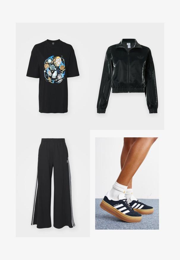 Černá lesklá zkrácená bunda se zipem vpředu, vysokým límcem a elastickým lemem. Má tři pruhy na rukávech a malé logo na hrudi.; Černé tričko s barevným grafickým designem planety, růží, znaku míru a kostek uprostřed. Vyrobeno z bavlny, volný střih.; Černé pohodlné tepláky širokého střihu s elastickým pasem, na boční straně s bílými pruhy a vyšitým logem na levé stehně.; Černé semišové tenisky s bílými pruhy a detaily, zaoblenou špičkou, podrážkou z gumy barvy žvýkačky, doplněné bílými žebrovanými ponožkami ke kotníkům.