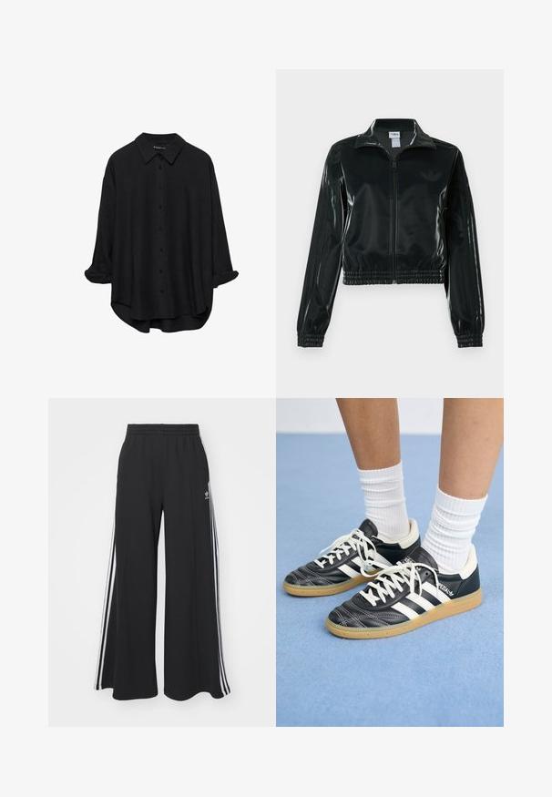 Schwarze glänzende, kurz geschnittene Jacke mit Reißverschluss vorne, hohem Kragen und elastischem Saum. Verfügt über drei Streifen an den Ärmeln und ein kleines Logo auf der Brust.; Schwarze Langarmhemd mit Knöpfen, spitzem Kragen, lockerer Passform, hochgekrempelten Ärmeln und leicht abgerundetem Saum, gefertigt aus einem glatten Stoff.; Schwarze weite Sweatpants mit elastischem Bund, versehen mit weißen Seitestreifen und einem gestickten Logo auf dem linken Oberschenkel.; Schwarze Ledersneaker mit weißen Streifen, runder Zehenpartie, weißen Schnürsenkeln und Gummisohle. Abgerundet durch gepolsterten Kragen und Branding-Details.