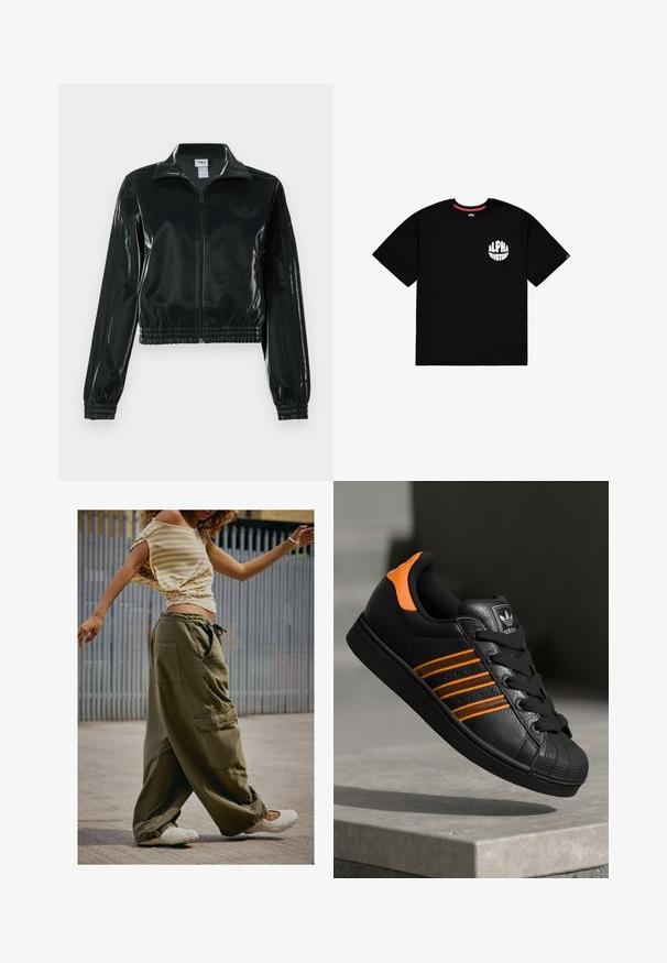 Jachetă neagră lucioasă, scurtă, cu fermoar frontal, guler înalt și tiv elastic. Are trei dungi pe mâneci și un mic logo pe piept.; Tricou din bumbac negru, cu guler rotund, mâneci scurte și un logo alb "ALPHA INDUSTRIES" pe partea stângă a pieptului. Textură moale.; Pantaloni cargo de culoare verde măslin, cu buzunare mari, croială lejeră și talie cu șnur; asortați cu un top bej deschis cu dungi și pantofi albi tip slip-on.; Adidași negri cu accente portocalii, trei dungi orizontale, parte superioară din piele texturată, capac de cauciuc pentru vârf și șireturi negre.