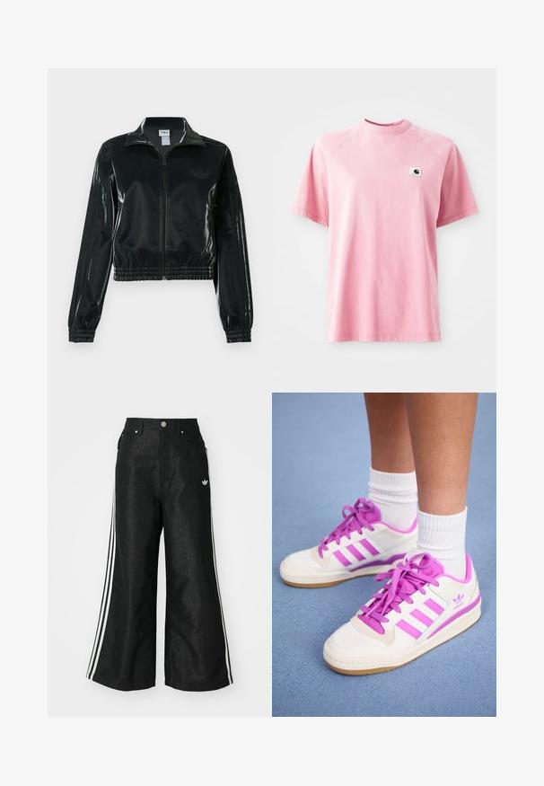 Črno, sijočo kratko jakno z zadrgo spredaj, visokim ovratnikom in elastičnim spodnjim robom. Na rokavih so tri črte, na prsih pa majhen logotip.; Roza bombažna majica s krojem in kratkimi rokavi. Ima majhen kvadratni znak na levi strani prsi. Gladka tekstura.; Črne široke jeans hlače z dvema belima črtama na vsaki strani in majhnim belim logotipom. Imajo sprednje žepke in zapiranje na gumb.; Bele tenisice s roza detajli in vezalkami, ki imajo tri vodoravne roza črte in gumijast podplat. Vidne so bombažne nogavice nad gležnjem.