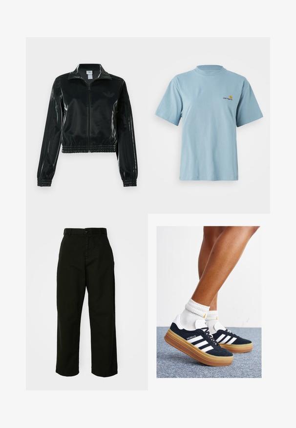 Black glossy cropped jacket with a zip front, high collar, and elasticized hem. Features three stripes on sleeves and a small logo on the chest.; Light blue short-sleeve cotton t-shirt with round neck and small yellow and red Carhartt logo on left chest.; Black, wide-leg trousers made of durable cotton material. Features a button closure and side pockets. Smooth texture and tailored finish.; Black suede sneakers with white stripes and accents, rounded toe, gum rubber outsole, paired with white ribbed crew socks.