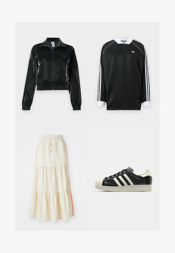 Juoda blizgi trumpa striukė su užtrauktuku priekyje, aukštu apykakliu ir elastine apačia. Rankovėse trys dryžiai ir mažas logotipas ant krūtinės.; Juoda ilgomis rankovėmis palaidinė su V formos iškirpte, vertikaliomis juostelėmis, baltais akcentais ir trimis baltais dryželiais ant kiekvienos rankovės. Ant krūtinės mažas logotipas.; Kreminės spalvos sluoksniuota midi sijonas su elastine juosta ir raišteliu. Savybė: oranžinės šoninės juostos ir minkšta, lygi medvilnės tekstūra.; Juodi odiniai sportiniai bateliai su baltais dryžiais, guminis toe kapas, juodi raišteliai ir kreminis padas. Lygus pavirčius su blizgiu finišu.