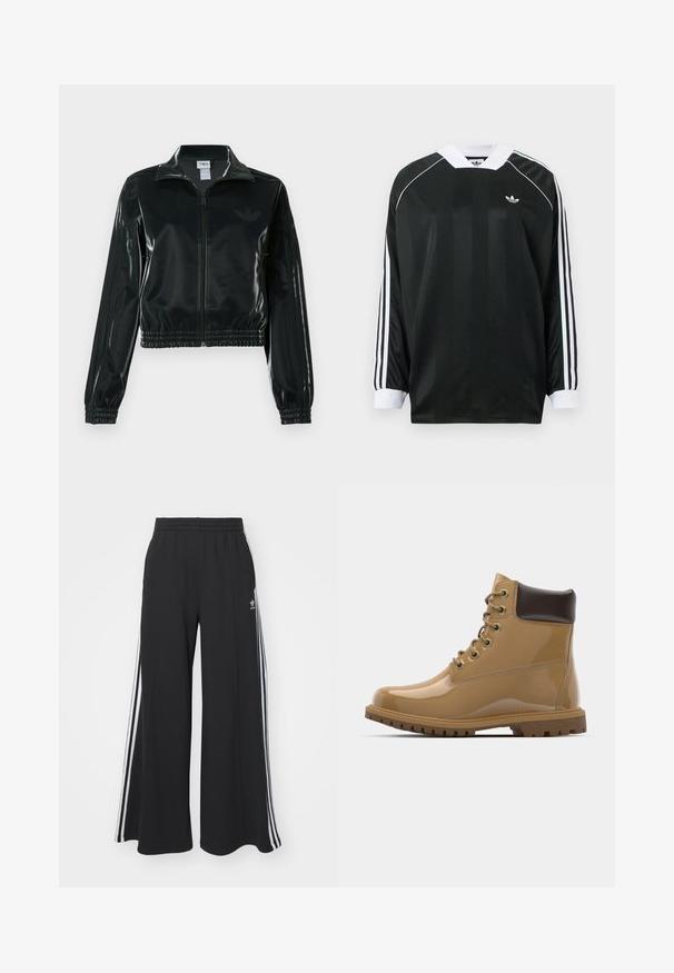 Sort blank cropped jakke med glidelås foran, høy krage og elastisk nederkant. Har tre striper på ermene og en liten logo på brystet.; Svart langermet skjorte med V-hals, med vertikale striper, hvite detaljer og tre hvite striper på hver erme. Lite logo på brystet.; Svart vide joggebukser med elastisk midjebånd, med hvite sidestriper og brodert logo på venstre lår.; Lys patentlæder ankelstøvler med brune detaljer, rund tå, seks metaløjer, brune snørebånd og tekstureret gummisål.