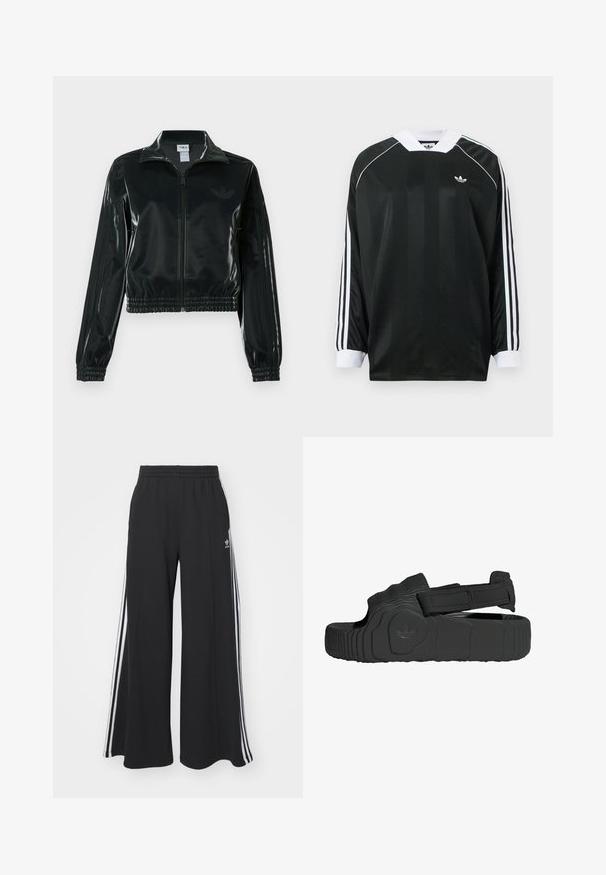 Čierna lesklá skrátená bunda so zipsom vpredu, vysokým golierom a elastickým lemom. Rukávy zdobia tri pruhy a na hrudi je malý logo.; Čierna dlhorukávová košeľa s výstrihom do V, s vertikálnymi pruhmi, bielymi akcentmi a tromi bielymi pruhmi na každom rukáve. Malé logo na hrudi.; Čierne široké teplákové nohavice s elastickým pásom, so bielymi bočnými prúžkami a výšivkou loga na ľavom stehne.; Čierne sandále vyrobené z textúrovanej gumy s širokým remienkom a nastaviteľným suchým zipsom. Majú vzorovanú podrážku a detail s logom značky.