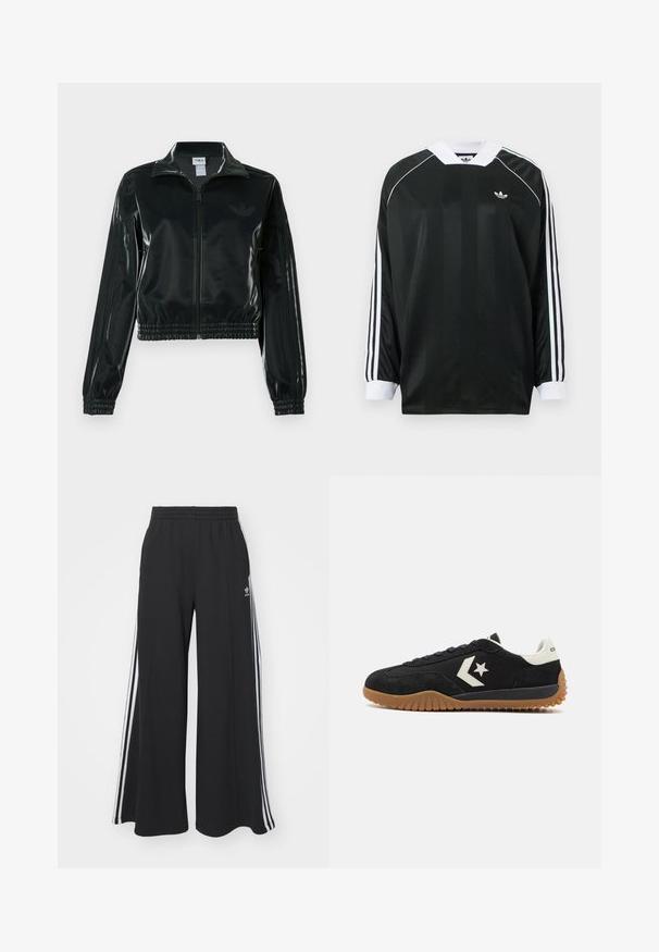 Veste courte noire brillante avec fermeture éclair à l'avant, col montant et ourlet élastiqué. Dotée de trois bandes sur les manches et d'un petit logo sur la poitrine.; Chemise noire à manches longues avec col en V, présentant des rayures verticales, des accents blancs et trois rayures blanches sur chaque manche. Petit logo sur la poitrine.; Pantalons de survêtement larges noirs avec une taille élastique, présentant des rayures blanches sur les côtés et un logo brodé sur la cuisse gauche.; Baskets en suede noir avec un talon en cuir blanc et un logo, présentant une semelle en caoutchouc texturé et un design de lacets plats.