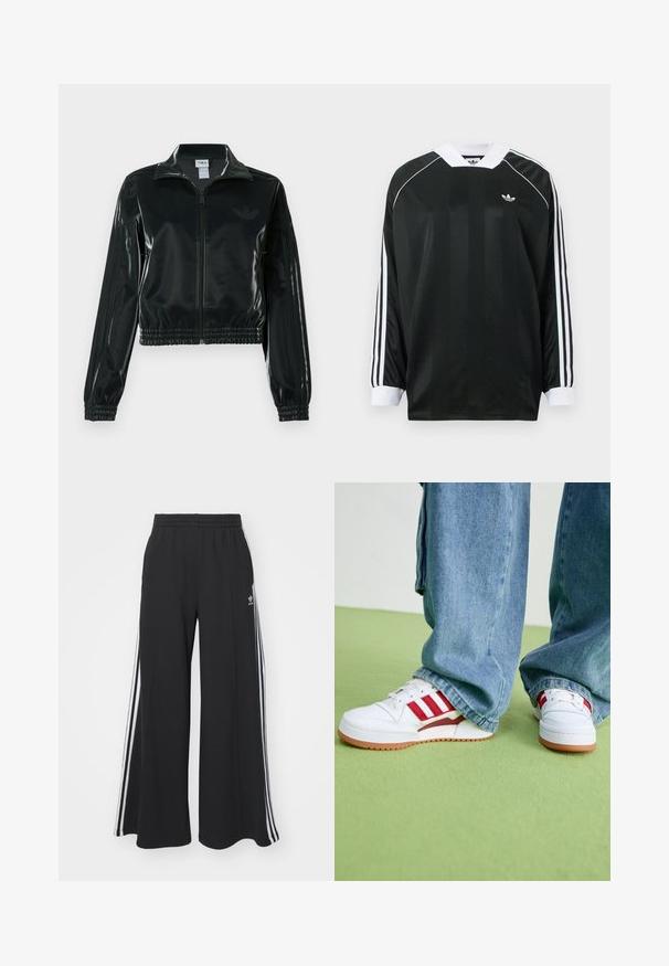 Must läikiv lühike jakk lukuga esiküljel, kõrge krae ja elastse äärega. Varrukatel on kolm triipu ja rinnal väike logo.; Must pika varrukaga särk V-kaelusega, millel on vertikaalsed triibud, valged aksendid ja kolm valget triipu kummagi varruka peal. Väike logo rinnal.; Mustad laiad trenni püksid elastse vöökohtaga, millel on valged küljeribad ja tikitud logo vasakul reiel.; Valged sneakers punaste triipude ja detailidega, tekstureeritud kummitaldede ning pehmendustega kraega, kombineeritud lõdva sinise teksapüksiga. Roheline taust.