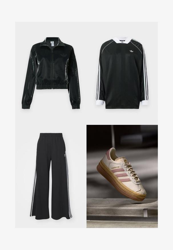 Fekete, fényes rövidített dzseki cipzárral az elején, magas gallérral és elasztikus szegéllyel. Három csík díszíti az ujjakat, és kis logó található a mellrészen.; Fekete hosszú ujjú, V-nyakú póló, függőleges csíkokkal, fehér díszítésekkel, és három fehér csíkkal minden ujján. Kicsi logó a mellrészen.; Fekete, bő szárú melegítőnadrág, rugalmas derékkal, fehér oldalsávokkal és hímzett logóval a bal combon.; Fehér suede sneaker rózsaszín kiegészítőkkel, három csíkkal és arany logóval. Texturált orrkiképzés és barna gumi talp. Klasszikus dizájn.