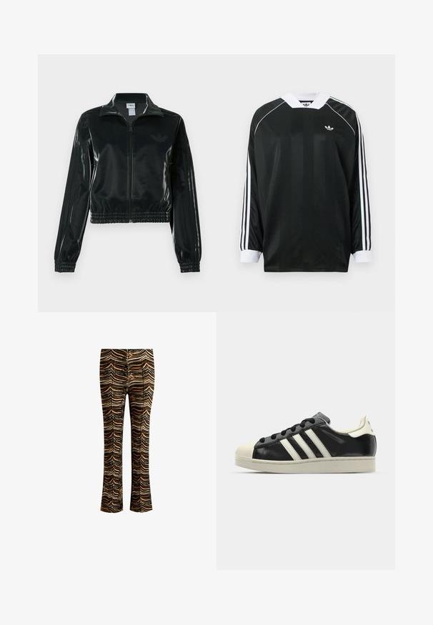 Schwarze glänzende, kurz geschnittene Jacke mit Reißverschluss vorne, hohem Kragen und elastischem Saum. Verfügt über drei Streifen an den Ärmeln und ein kleines Logo auf der Brust.; Schwarzes Langarmshirt mit V-Ausschnitt, verziert mit vertikalen Streifen, weißen Akzenten und drei weißen Streifen an jedem Ärmel. Kleines Logo auf der Brust.; Schlaghosen aus einem strukturierten Stoff mit einem gewellten Muster in Schwarz, Weiß und Braun. Der flache Bund betont die taillierte Silhouette.; Schwarze Ledersneaker mit weißen Streifen, Gummikappe, schwarzen Schnürsenkeln und einer cremefarbenen Sohle. Glatte Textur mit glänzender Oberfläche.