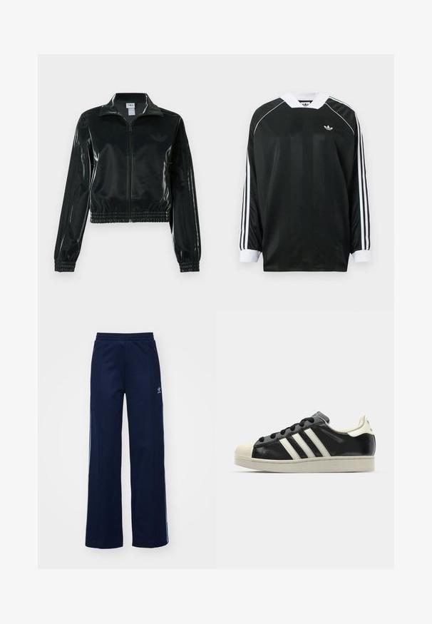 Jachetă neagră lucioasă, scurtă, cu fermoar frontal, guler înalt și tiv elastic. Are trei dungi pe mâneci și un mic logo pe piept.; Cămașă neagră cu mâneci lungi și decolteu în V, cu dungi verticale, accente albe și trei dungi albe pe fiecare mânecă. Logo mic pe piept.; Pantaloni de trening din amestec de bumbac, de culoare bleumarin, cu croială largă, talie elastică și buzunare cu fermoar, având dungi laterale albe și detalii cu logo.; Sneaker din piele neagră cu dungi albe, vârf din cauciuc, șireturi negre și talpă de culoare crem. Textură netedă cu finisaj strălucitor.