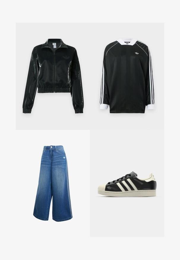 Juoda blizgi trumpa striukė su užtrauktuku priekyje, aukštu apykakliu ir elastine apačia. Rankovėse trys dryžiai ir mažas logotipas ant krūtinės.; Juoda ilgomis rankovėmis palaidinė su V formos iškirpte, vertikaliomis juostelėmis, baltais akcentais ir trimis baltais dryželiais ant kiekvienos rankovės. Ant krūtinės mažas logotipas.; Plati kojinės džinsai vidutinio mėlynumo, su aukštu liemeniu, subtiliomis siuvimo detalėmis ir mažyte balta logotipo etikete priekyje.; Juodi odiniai sportiniai bateliai su baltais dryžiais, guminis toe kapas, juodi raišteliai ir kreminis padas. Lygus pavirčius su blizgiu finišu.