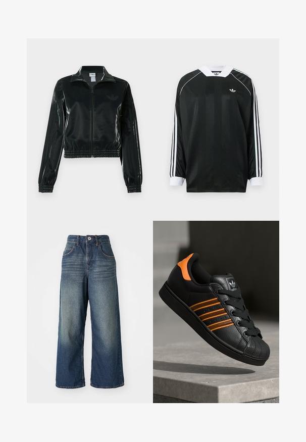 Sort blank cropped jakke med glidelås foran, høy krage og elastisk nederkant. Har tre striper på ermene og en liten logo på brystet.; Svart langermet skjorte med V-hals, med vertikale striper, hvite detaljer og tre hvite striper på hver erme. Lite logo på brystet.; Bredde ben denim jeans i en middels blå vask, med frontlommer, knapp og glidelås lukking, og subtil falming på lårene.; Svart sneaker med oransje detaljer, tre horisontale striper, teksturert skinnoverdel, gummitå, og svarte lisser.