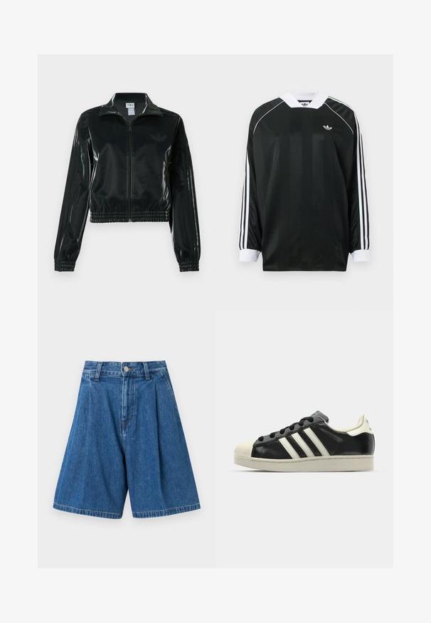 Casaco curto preto brilhante com fecho de correr frontal, gola alta e bainha elástica. Apresenta três riscas nas mangas e um pequeno logotipo no peito.; Camisola preta de manga comprida com decote em V, apresentando riscas verticais, detalhes em branco e três riscas brancas em cada manga. Pequeno logótipo no peito.; Fatos de banho de denim azul com frente pregueada, apresentando uma cintura padrão e fecho de botão. Textura suave e pernas de corte reto.; Sapatilha de couro preto com riscas brancas, biqueira de borracha, atacadores pretos e sola na cor creme. Textura suave com acabamento brilhante.