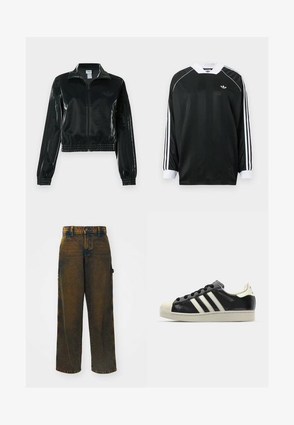 Juoda blizgi trumpa striukė su užtrauktuku priekyje, aukštu apykakliu ir elastine apačia. Rankovėse trys dryžiai ir mažas logotipas ant krūtinės.; Juoda ilgomis rankovėmis palaidinė su V formos iškirpte, vertikaliomis juostelėmis, baltais akcentais ir trimis baltais dryželiais ant kiekvienos rankovės. Ant krūtinės mažas logotipas.; Plačiai palei kojas džinsai iš džinsinio audinio, kurių spalva yra išblukusi tamsiai ruda su šviesesnėmis akcentais, turi klasikinį penkių kišenių dizainą ir mygtukų užsegimą.; Juodi odiniai sportiniai bateliai su baltais dryžiais, guminis toe kapas, juodi raišteliai ir kreminis padas. Lygus pavirčius su blizgiu finišu.