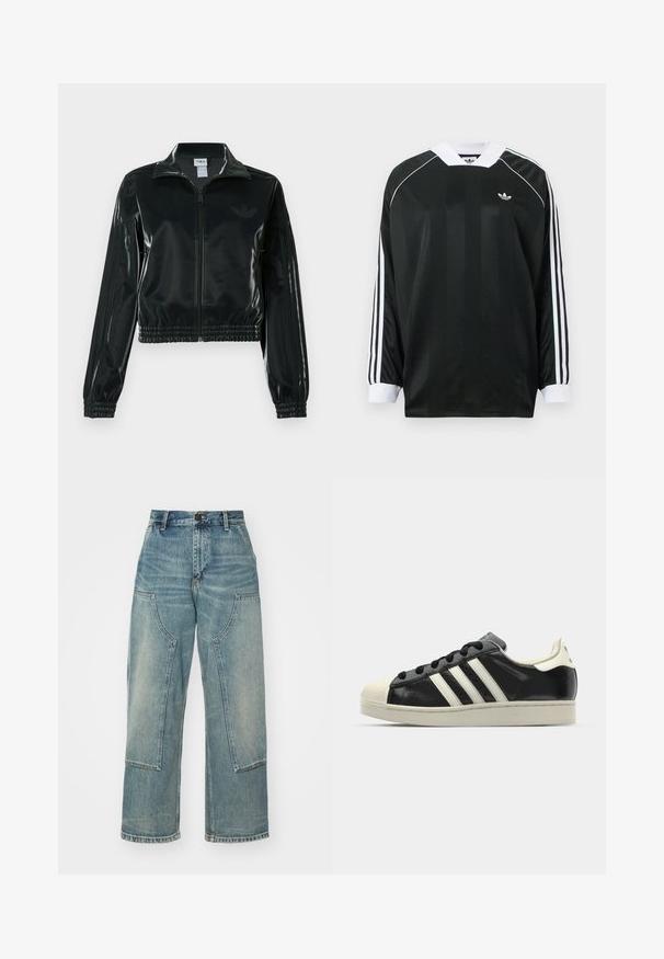 Fekete, fényes rövidített dzseki cipzárral az elején, magas gallérral és elasztikus szegéllyel. Három csík díszíti az ujjakat, és kis logó található a mellrészen.; Fekete hosszú ujjú, V-nyakú póló, függőleges csíkokkal, fehér díszítésekkel, és három fehér csíkkal minden ujján. Kicsi logó a mellrészen.; Világoskék farmernadrág laza szabással, széles szárakkal és nagy foltvarrott zsebekkel az elején. Fakult részekkel és gombos zárómechanizmussal rendelkezik.; Fekete bőrsneaker fehér csíkokkal, gumírozott orral, fekete fűzővel és krém színű talppal. Simaság és fényes felület jellemzi.