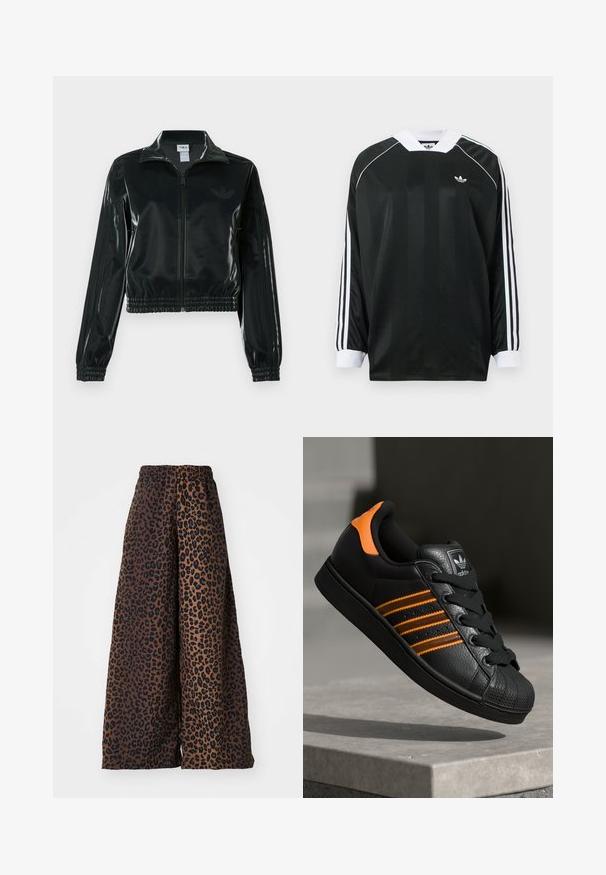 Sort blank cropped jakke med glidelås foran, høy krage og elastisk nederkant. Har tre striper på ermene og en liten logo på brystet.; Svart langermet skjorte med V-hals, med vertikale striper, hvite detaljer og tre hvite striper på hver erme. Lite logo på brystet.; Videbukser laget av glatt stoff, med en brun bakgrunn og svart leopardmønster, samt en elastisk midje.; Svart sneaker med oransje detaljer, tre horisontale striper, teksturert skinnoverdel, gummitå, og svarte lisser.