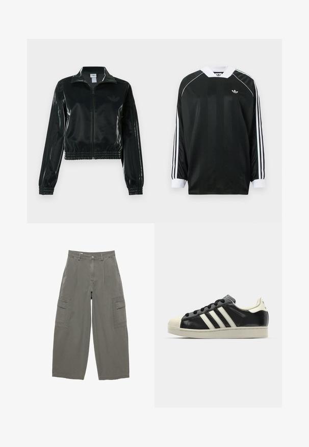 Schwarze glänzende, kurz geschnittene Jacke mit Reißverschluss vorne, hohem Kragen und elastischem Saum. Verfügt über drei Streifen an den Ärmeln und ein kleines Logo auf der Brust.; Schwarzes Langarmshirt mit V-Ausschnitt, verziert mit vertikalen Streifen, weißen Akzenten und drei weißen Streifen an jedem Ärmel. Kleines Logo auf der Brust.; Cargo-Hosen aus olivgrünem Stoff, mit weit geschnittenen Beinen, vorderen Taschen und zwei seitlichen Cargo-Taschen mit Klappen. Strukturierter Baumwollstoff.; Schwarze Ledersneaker mit weißen Streifen, Gummikappe, schwarzen Schnürsenkeln und einer cremefarbenen Sohle. Glatte Textur mit glänzender Oberfläche.