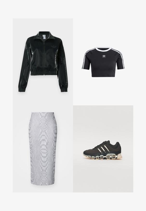 Juoda blizgi trumpa striukė su užtrauktuku priekyje, aukštu apykakliu ir elastine apačia. Rankovėse trys dryžiai ir mažas logotipas ant krūtinės.; Juodas trumpas medvilninis marškinėliai, su baltu tekstūruotu apykakliniu kaklu, trumpomis raglano rankovėmis ir baltais latakais šonuose su mažuoju logotipu.; Pilkas raukšlėtas midi sijonas su prigludusia siluetu, kuriame visame paviršiuje yra tekstūrinis raštas ir tvirtas juosmuo patogumui.; Juodos sportinės avalynės su tekstūruotu viršumi, trimis sidabro juostomis ir išskirtiniu amortizuojančiu padu, turinčiu kelias integruotas dalis.