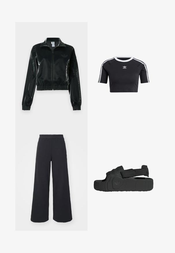 Sort blank cropped jakke med glidelås foran, høy krage og elastisk nederkant. Har tre striper på ermene og en liten logo på brystet.; Svart kort t-skjorte laget av bomull, med ribbet hvit rund hals, korte raglanermer og hvite sidestriper med en liten logo.; Svart bukse med vid benvidde laget av myk stoff, med elastisk midjebånd og en liten logo på venstre side.; Sorte sandaler laget av teksturert gummi med bred stropp og justerbar borrelås. Har en mønstret såle og detalj med merkevarelogo.