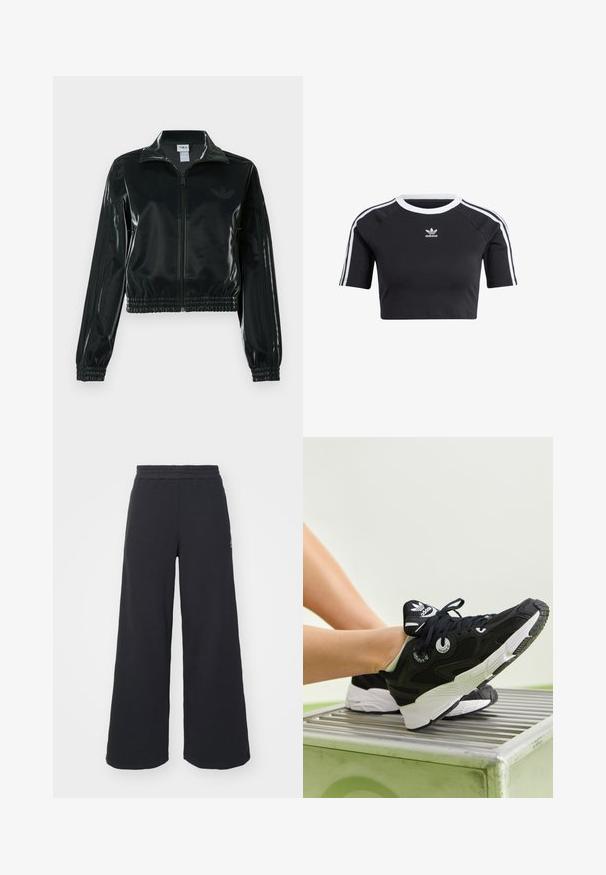 Svart glansig kort jacka med dragkedja framtill, hög krage och elastisk nederkant. Har tre ränder på ärmarna och en liten logga på bröstet.; Svart kortärmad t-shirt i bomull, med ribbad vit rundhals, korta raglanärmar och vita sidostrad med en liten logotyp.; Svarta vida sweatpants tillverkade av mjukt tyg, med ett elastiskt midjeband och en liten logotyp på vänster sida.; Svarta atletiska sneakers med ovandel av mesh och syntetmaterial, vit mellansula och runda snölhorningar. Har en märkeslogotyp på tungan och tjock gummisula.