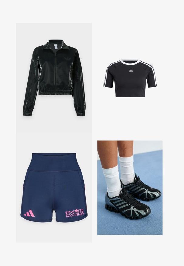Melna spīdīga īsā jaka ar rāvējslēdzēja priekšpusi, augstu apkakli un elastīgu apakšu. Piedevas ir trīs svītras uz piedurknēm un neliels logotips uz krūtīm.; Melna īsā krekla tvertnes veidā, kas izgatavota no kokvilnas, ar ribotām baltām apkaklēm, īsām raglāna piedurknēm un baltām sānu svītrām ar mazu logotipu.; adidas Performance BER25 SHORT THIGHTS - Pieguļoši skriešanas šorti - collegiate navy; Melni sporta apavi ar pelēkiem akcentiem un sietiņu paneļiem, ar teksturētu zoli un melnām šņorēm, kombinēti ar baltiem ribotiem zeķēm.