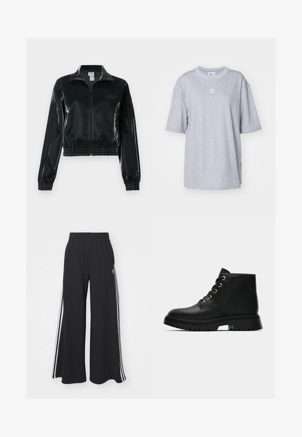 Fekete, fényes rövidített dzseki cipzárral az elején, magas gallérral és elasztikus szegéllyel. Három csík díszíti az ujjakat, és kis logó található a mellrészen.; Szürke pamut póló rövid ujjakkal, bő szabású, bordázott kerek nyakkal és a mellkason fehér Adidas logóval.; Fekete, bő szárú melegítőnadrág, rugalmas derékkal, fehér oldalsávokkal és hímzett logóval a bal combon.; Fekete bőr bokacsizma kerek orral, arany fémlyukakkal és texturált talppal. Párnázott gallérral és jellegzetes logóval a szegen.