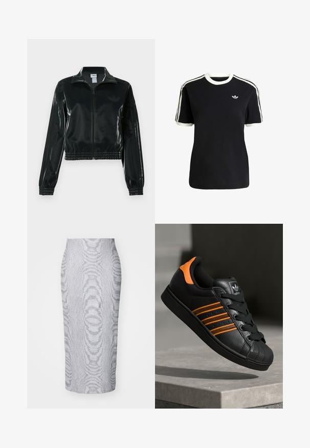 Schwarze glänzende, kurz geschnittene Jacke mit Reißverschluss vorne, hohem Kragen und elastischem Saum. Verfügt über drei Streifen an den Ärmeln und ein kleines Logo auf der Brust.; Schwarzes Baumwoll-T-Shirt mit weißen Akzenten am Kragen und an den Ärmeln, ausgestattet mit drei weißen Streifen auf jeder Schulter und einem kleinen Logo auf der Brust.; Grau gerippter Midirock mit figurbetonendem Schnitt, der ein strukturiertes Muster und einen soliden Bund für Komfort aufweist.; Schwarze Sneaker mit orangen Akzenten, drei horizontalen Streifen, strukturiertem Lederobermaterial, Gummikappe und schwarzen Schnürsenkeln.