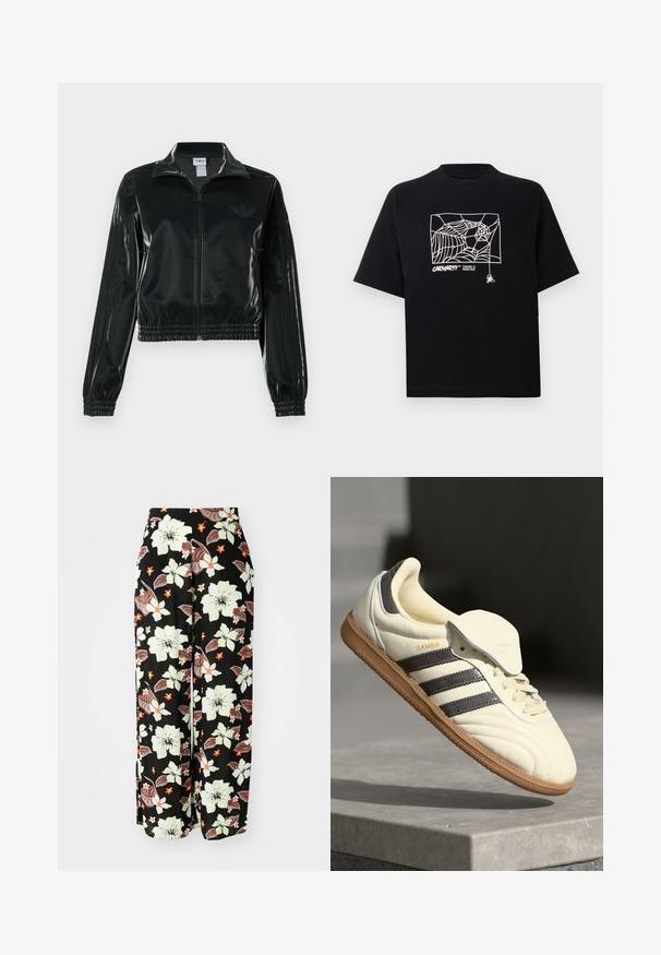Black glossy cropped jacket with a zip front, high collar, and elasticized hem. Features three stripes on sleeves and a small logo on the chest.; Black T-shirt made of cotton with short sleeves. Features a white spider web graphic and logo on the front. Simple rounded neckline.; Black floral pants featuring large white, orange, and brown flowers, with a loose, wide-leg design and soft, lightweight fabric.; Cream leather sneaker with three dark stripes, a brown gum outsole, and a rounded toe. Features a foldable tongue labeled "SAMBA."