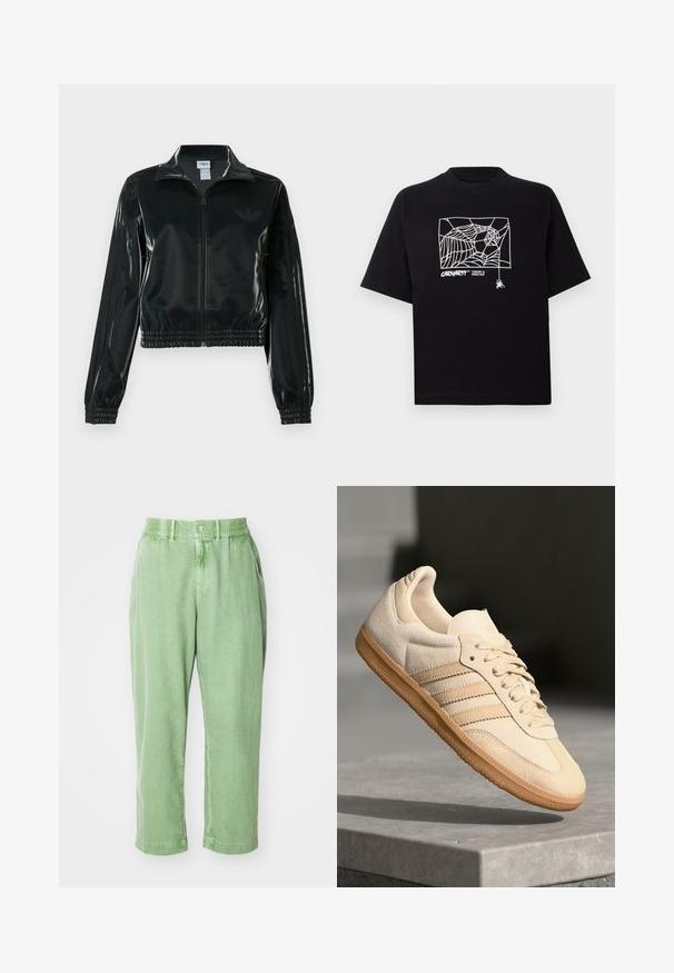 Schwarze glänzende, kurz geschnittene Jacke mit Reißverschluss vorne, hohem Kragen und elastischem Saum. Verfügt über drei Streifen an den Ärmeln und ein kleines Logo auf der Brust.; Schwarzes T-Shirt aus Baumwolle mit kurzen Ärmeln. Mit einem weißen Spinnennetz-Graphic und Logo auf der Vorderseite. Einfacher runder Ausschnitt.; Hellgrüne, lässige Hose aus weichem Material. Mit einem Knopf und einem elastischen Bund versehen, mit Seitentaschen und schmal zulaufenden Beinen.; Helle beigetöne Wildledersneaker mit Gumminsohle, drei schrägen Streifen und einer strukturierten Zehenkappe. Mit Logo auf der Zunge und der Seite.