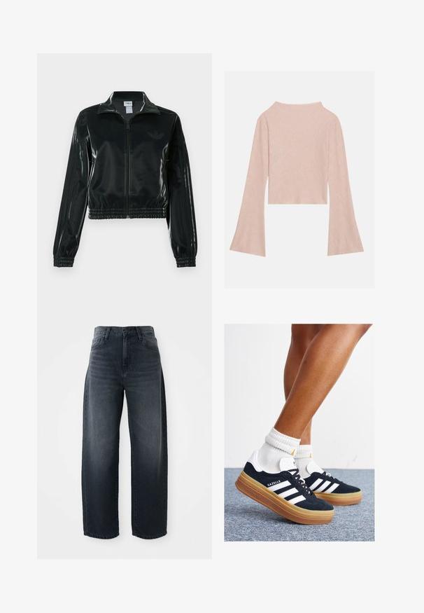 Must läikiv lühike jakk lukuga esiküljel, kõrge krae ja elastse äärega. Varrukatel on kolm triipu ja rinnal väike logo.; Kermapink pikkade varrukatega lühikeste pluus valmistatud tekstuuriga kangast, laiad varrukad ja õrn sära. Üksikasjalik ümar kaelus taga.; Laia teksad tumeda pesu, kõrgema vöökohaga, klassikalise nööbi ja tõmblukuga ning õrna tuhmumisega ees.; Mustad seemisnahast tossud valgete triipude ja detailidega, ümarate varbassosadega, kummist välistallaga, paaritatud valgete soonikuliste meessokkidega.