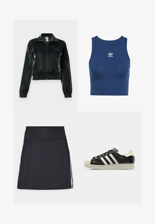 Musta kiiltävä lyhyt takki vetoketjulla, korkealla kauluksella ja joustavalla helmalla. Hihoissa on kolme raitaa ja rinnassa pieni logo.; Sininen ribattu lyhyt toppi, joka on valmistettu venyvästä kankaasta, jossa on pyöreä kaula-aukko ja pieni valkoinen Adidas-logo rinnassa.; Mustat urheiluhameet, joissa on leveä vyötärö, valmistettu joustavasta kankaasta. Sisältää valkoiset sivuraidat ja sileän, saumatoman viimeistelyn.; Musta nahkasneakeri, jossa on valkoiset raidat, kuminen varvassuoja, mustat nauhat ja kermaisa ulkopohja. Suora pinta ja kiiltävä viimeistely.