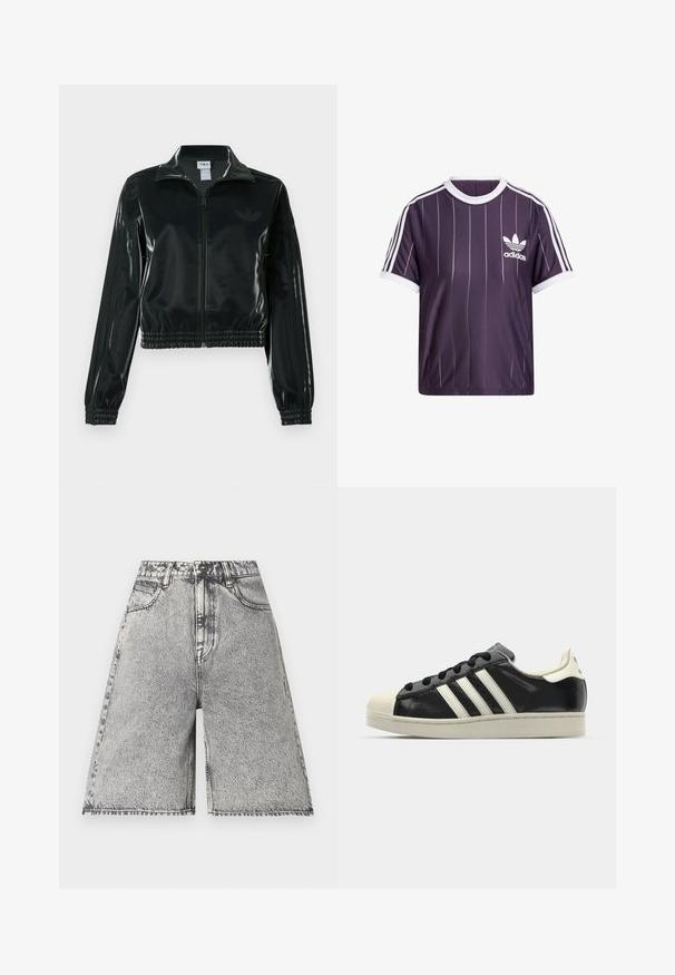 Black glossy cropped jacket with a zip front, high collar, and elasticized hem. Features three stripes on sleeves and a small logo on the chest.; Purple athletic t-shirt with white vertical stripes, round white collar, and Adidas logo in white on the left chest. Short sleeves.; Denim shorts in a black and grey acid wash pattern, featuring a high waist, belt loops, and five pockets. Edges are finished.; Black leather sneaker with white stripes, rubber toe cap, black laces, and a cream-colored outsole. Smooth texture with shiny finish.