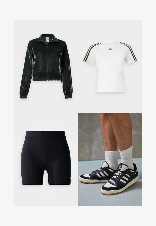 Casaco curto preto brilhante com fecho de correr frontal, gola alta e bainha elástica. Apresenta três riscas nas mangas e um pequeno logotipo no peito.; Camiseta atlética de mangas curtas branca com um design de três riscas pretas nos ombros, textura suave e um pequeno logotipo preto da adidas no peito.; Calções atléticos pretos com uma cinta larga texturizada que exibe o nome da marca, tecido suave e um design ajustado. Sem bolsos.; Ténis em preto e branco com upper em camurça e couro, apresentando três riscas brancas, um toe perfurado e uma sola em borracha de goma.