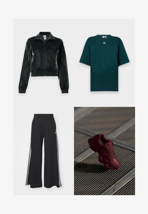 Sort blank cropped jakke med glidelås foran, høy krage og elastisk nederkant. Har tre striper på ermene og en liten logo på brystet.; Mørkegrønn, oversized bomulls-T-skjorte med korte ermer og rund hals, med en hvit Adidas-logo på brystet.; Svart vide joggebukser med elastisk midjebånd, med hvite sidestriper og brodert logo på venstre lår.; Bourgogne sneakers med teksturert overdel, snøredesign og uttalte sålekonturer. Har logo og sømløse akenter i syntetisk materiale.