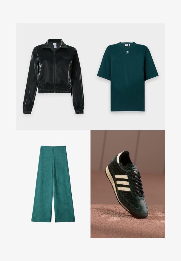 Černá lesklá zkrácená bunda se zipem vpředu, vysokým límcem a elastickým lemem. Má tři pruhy na rukávech a malé logo na hrudi.; Tmavozelené oversized bavlněné tričko s krátkými rukávy a kulatým výstřihem, s bílým logem Adidas na hrudi.; Tyrkysové kalhoty s širokými nohavicemi z texturované, ribbené látky. Vyznačují se vysokým pasem a plnou délkou s volným střihem, ideální pro každodenní nošení.; Zelené texturované tenisky s hadím vzorem, které mají tři krémové pruhy, černé tkaničky a černou podešev. Klasické logo Adidas.