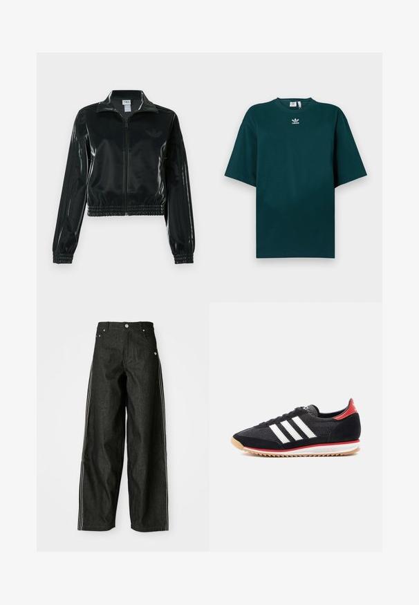 Sort blank cropped jakke med glidelås foran, høy krage og elastisk nederkant. Har tre striper på ermene og en liten logo på brystet.; Mørkegrønn, oversized bomulls-T-skjorte med korte ermer og rund hals, med en hvit Adidas-logo på brystet.; Sorte denim vide bukser med hvite sidestreker, med frontlommer, knappelukking og en subtil logo nær midjen.; Sort atletikksko med hvite striper, semskede detaljer og rød hæl. Nettingstruktur og gummisåle med lys brun mønster.