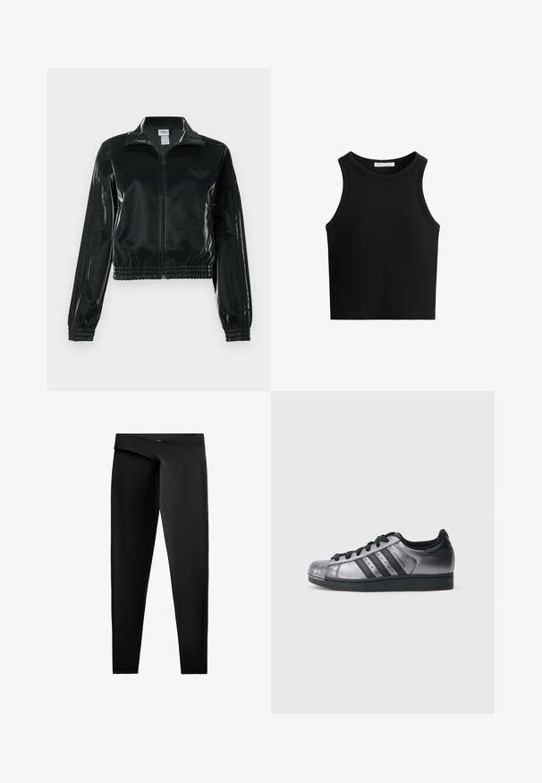 Giacca nera lucida corta con zip frontale, colletto alto e orlo elasticizzato. Presenta tre strisce sulle maniche e un piccolo logo sul petto.; Top a canotta nero a coste, caratterizzato da un colletto rotondo e ampie aperture per le braccia. Il materiale sembra morbido con un design aderente.; Leggings neri realizzati in un tessuto liscio e elastico. Presentano un'alta vita e una silhouette aderente con un taglio dritto fino alle caviglie.; Scarpe da ginnastica nere e argento metallico con punta arrotondata, tre strisce nere e tomaia testurizzata. Lacci neri e suola in gomma.