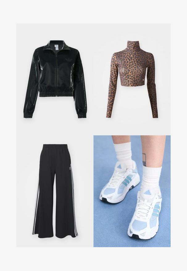 Fekete, fényes rövidített dzseki cipzárral az elején, magas gallérral és elasztikus szegéllyel. Három csík díszíti az ujjakat, és kis logó található a mellrészen.; Barna és fekete leopárdmintás, hosszú ujjú cropped felső, magas nyakkivágással és sima, fényes textúrával. Diszkrét logó részlet az alján.; Fekete, bő szárú melegítőnadrág, rugalmas derékkal, fehér oldalsávokkal és hímzett logóval a bal combon.; Fehér sportcipők világoskék akcentussal és hálós panelekkel, három kék csíkkal, vastag fehér fűzőkkel és fekete gumitalppal.