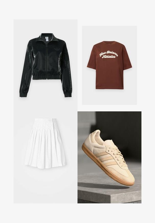 Črno, sijočo kratko jakno z zadrgo spredaj, visokim ovratnikom in elastičnim spodnjim robom. Na rokavih so tri črte, na prsih pa majhen logotip.; Brahna bomba majica s udobnim fitom, s belim tekstom koji glasi "New Balance Athletics" u zakrivljenom, podebljanom fontu.; Bela nabrana krila s prilegačim pasom, ki ima gumbno zapiranje na strani in gladko, čisto teksturo.; Svetlo bež semišni športni copat z gumijastim podplatom, trije poševni trakovi in teksturiran zaščitni del. Vsebuje logotip na ježku in strani.