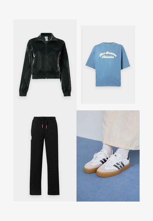 Black glossy cropped jacket with a zip front, high collar, and elasticized hem. Features three stripes on sleeves and a small logo on the chest.; Blue cotton t-shirt with a loose fit, featuring short sleeves and a crew neckline. White "New Balance Athletics" logo centrally printed.; Black sweatpants with a drawstring waist, featuring red and white accents, side pockets, and a small label on the front. Smooth texture.; White sneakers with black stripes and beige suede accents. Feature a textured gum sole and flat white laces, worn with light-colored socks.